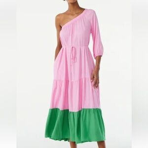 One shoulder pink and green colorblock dress